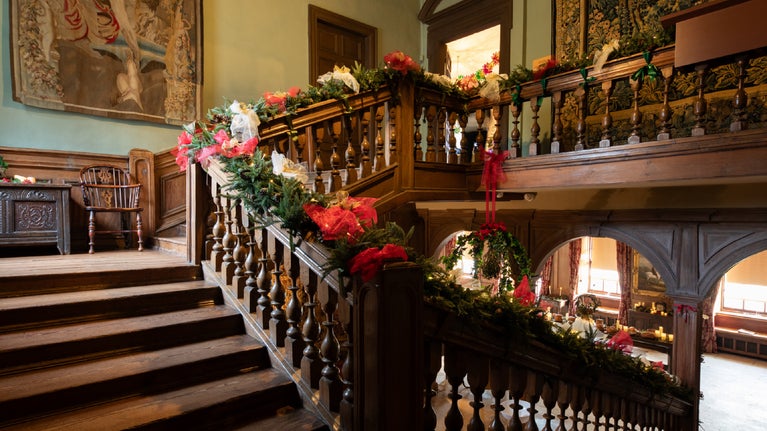 Nunnington Hall main staircase decorated for Christmas